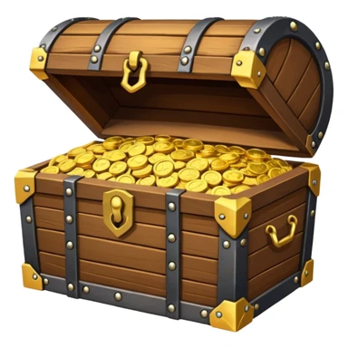 treasure chest with iron fittings and cold corners open and stacked full of a mix of gold coins a shiny gems sticker