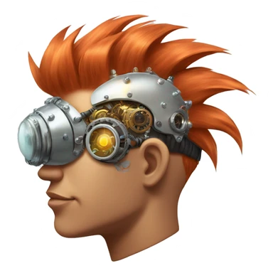 Light red Mohawk hair male cyborg head with white steampunk goggles and circuits sticker
