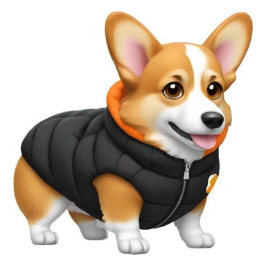 corgi wearing a black puffer jacket with a small orange square with white letters "YC" logo on the left chest sticker