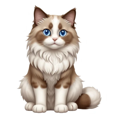 cinematic-[brown and white ragdoll cat]-realistic-full-body-sitting-emoji,-tail-curled-playfully-around-its-paws,-head-tilted-dramatically,-fluffy-[brown and white]-fur,-simplified-yet-realistic-focused-features,-highly-detailed,-glowing-with-an-almost-sarcastic-glow, with blue eyes sticker