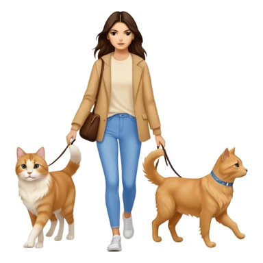 Kendall Jenner with long brown hair walking a golden retriever dog and three cats, two cream colored cats and one white and blue cat sticker