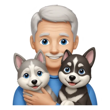 A 60 year old man with blue eyes and short light gray hair and no mustache and slightly big ears, holding a single black and white husky dog with floppy ears and white tuft eyebrows, both smiling sticker