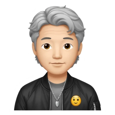 Handsome and mature Asian guy wavy hair, wearing silver necklace, dressed cool in black bomber jacket, demure but with a smirk  sticker