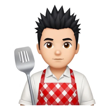 big boy with black spiky hair styled upward, wearing a white apron with red squares pattern sticker