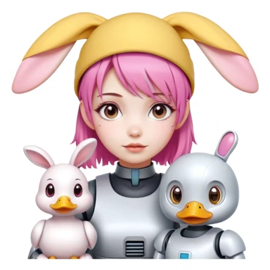 Make me a cute robot and a cute duck with a yellow hat beside a girl with pink hair white skin cute face bunny beg  sticker