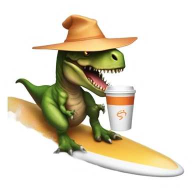 t-rex on a surf board wearing a witches hat holding a coffee sticker