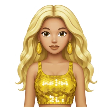 Beyonce with long platinum blonde hair, yellow sequin crop top yellow sequin skirt, gold earring sticker