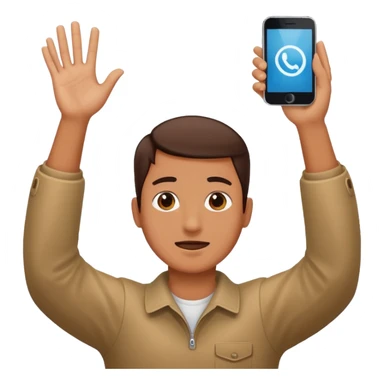 A person raising both their hands with a phone trying to take a picture above their head sticker