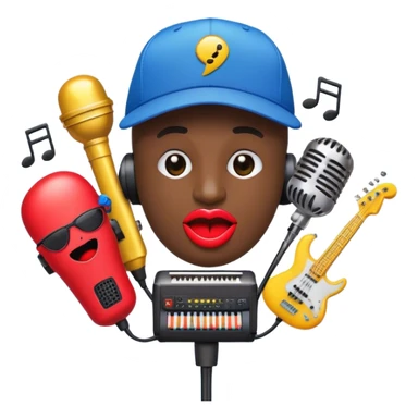 Create a vibrant and creative emoji that represents beatboxing. The design should feature a microphone with a cap placed on top, with oversized lips peeking out from under the cap. From the lips, bass clefs should be flying out, along with a variety of musical instruments (like a drum, electric guitar, and piano keys) to symbolize the blend of rhythm and creativity in beatboxing. Use bold, energetic colors like neon red, yellow, and blue to capture the lively and street-savvy essence of beatboxing. The background should be transparent. sticker