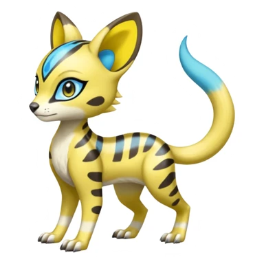 Colorful Yellow Meloetta-Sergal-Genet-Pokémon-Digimon-Fakémon-fusion-hybrid-creature with Cyan stripes and blue leopard-spot-markings  sticker