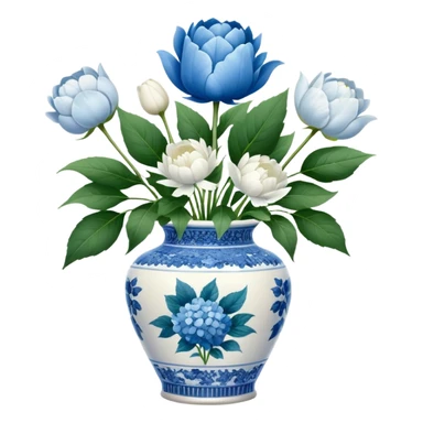 Blue and white toile pattern vase, with white peonies, white tulip, and hydrangeas, with some greenfiller plants sticker