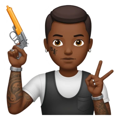 A blood gang member tattooed everywhere throwing up b with his hand pointing a gun at me with other hand  sticker