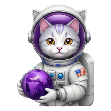 Cartoon grey and white cat in an astronaut suit holding a big purple planet with a dark purple ring sticker