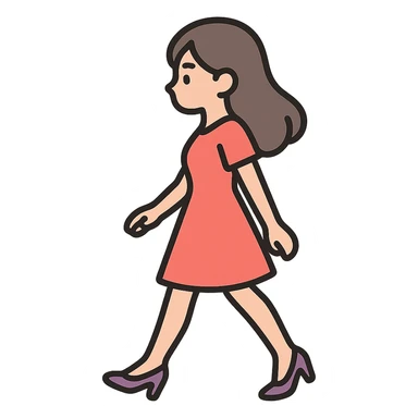 A girl walking from left to right, side view, wearing a red dress and high heels, eastern style, thin clean outlines, soft rounded shapes, detailed drawing with shadows and highlights, pastel palette #98B5BC, #B5B3C1, #C9A3C9, #E4C0CA, #F7DCD1, #F7C0AA, modern Japanese pop art, soft lighting, transparent background, no extra decoration, focus on movement and elegance sticker