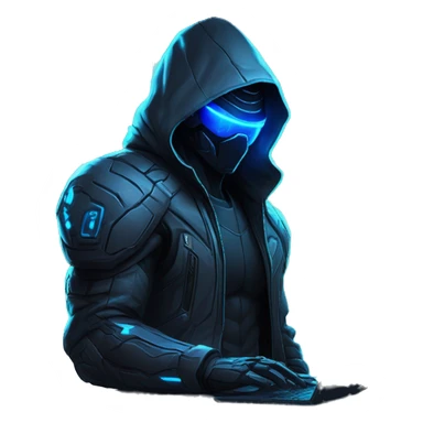 Hacker behind his laptop with this style : crysis Cyberpunk Valorant neon glowing bright blue character blue black hooded assassin themed character sticker
