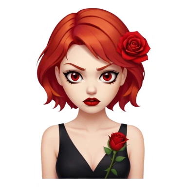 a beautiful very angry woman with red hair and red eyes. The woman wear a black little cutted dress. She have red lipstick and she have a seductive look. She have a rose flower in her hair. Angry face sticker