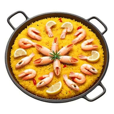 cinematic-realistic-paella-dish-emoji,-depicted-as-a-vibrant,-aromatic-rice-dish-loaded-with-seafood,-chicken,-and-saffron-rendered-with-rich-textures-and-dynamic,-warm-lighting with a lemon slice in the middle sticker