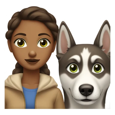Brown girl with blue eyes next to a female Husky beige golden with green eyes sticker