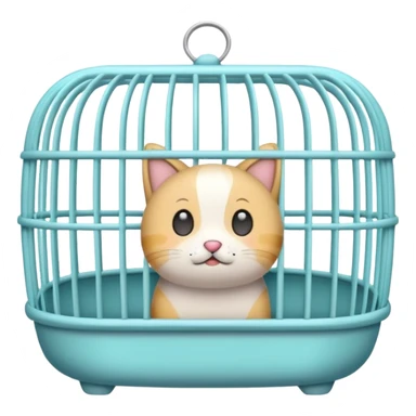 A cute emoji-style empty pet cage — cartoon look, rounded design, pastel colors, with vertical bars and a small handle on top. The cage is completely empty inside. No animals, no cats, no creatures — just the cage sticker