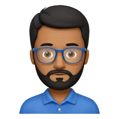 A tanned 50year old bearded man with black hair wearing glasses and a blue polo sticker