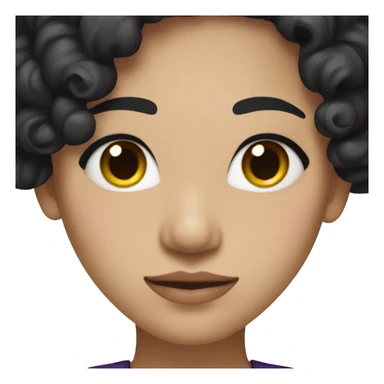 A woman with Korean features wavy black hair with purple eyes and eyes wearing a black dress and an arrogant smile sticker