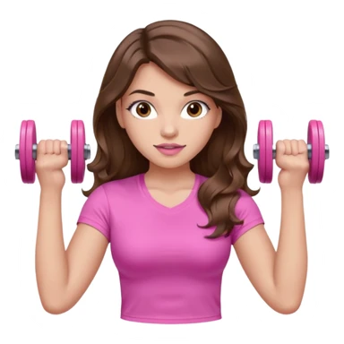 girl with wavy long brown hair, brown eyes, light to medium complexion, long lashes, light pink lipstick, wearing light pink shirt, lifting pink dumbbells in a sports top sticker