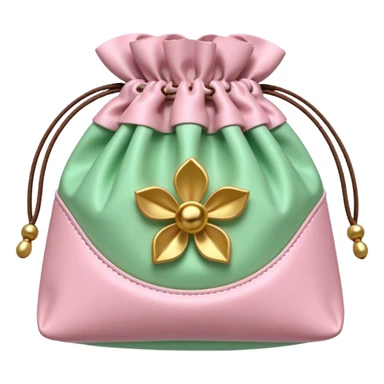A Korean fortune pouch (bokjumeoni) in iPhone emoji style, pastel pink and light green colors, soft 3D glossy texture, centered, no outlines, transparent background. no face sticker