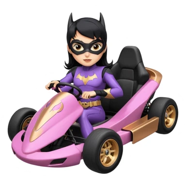Hot full size real-appearance enclosed electric racing action BatGirl’s feminine midnight-colored tight outfit sixty’s tv show 1992 stealthy retro sporty safe plush petite off-road pursuit cruiser car rose gold accents (black hair,reclined and relaxed torso seating position) go kart  sticker