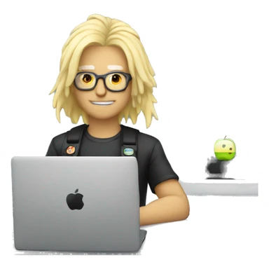 old punk software engineer with bleach blond hair and no glasses with german flag and apple laptop sticker