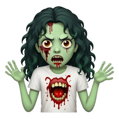 a zombie with long curly black hair volumoso, brown eyes, a white t-shirt and a splash of blood on her t-shirt, mouth open like a zombie, green skin color, not much expression, no drawing on shirt, no hands showing, less blood on her face, less blood, black hair and black eyes sticker