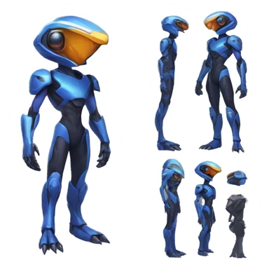 a black-blue Genesect-Raptor-Fakémon—hybrid with a futuristic visor-helmet full body sticker