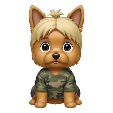grey and blonde yorkie wearing camo sticker
