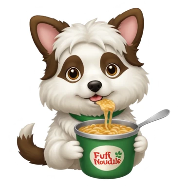 a brunette white wooly dog eating a pot noodle sticker