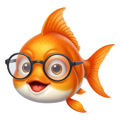 A goldfish with a silly facial expression wearing round eyeglasses perched on its face, comical look sticker