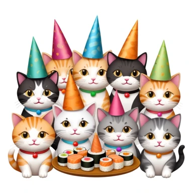 Nine cats eating sushi at a birthday party sticker