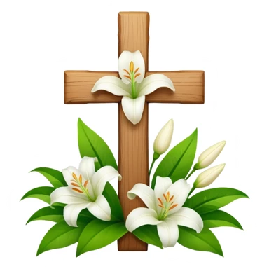 A wooden cross with white lilies around the bottom. sticker