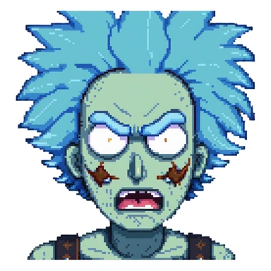 Rick from Rick and Morty with angry expression, wild blue hair, furious face sticker