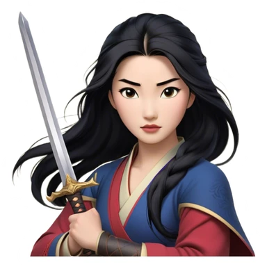 Cinematic Realistic Mulan Portrait, depicted with lifelike skin texture, soft natural lighting, and intricately detailed long black hair styled elegantly. Her deep, expressive eyes exude determination and grace, complemented by a serene yet confident expression. She stands with one hand resting on the hilt of her sword, the other by her side, exuding strength and poise. She is dressed in her classic attire, with rich fabric textures and delicate folds that catch the light beautifully. The portrait features a soft, enchanting glow with a natural, radiant finish, capturing the essence of timeless strength and beauty in a realistic and painterly style, evoking a sense of depth and authenticity. sticker