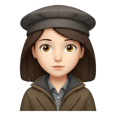 Hobo tomboy with shoulder-length center-parted dark brown hair. brown eyes, dark dull brown coat, grey shirt. Flat crown bolero hat sticker