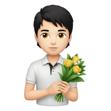 generate a pretty fair bratz boy with a messy mullet (black hair), wearing a white polo.  carrying a bouquet made of money. Fancy card behinf him sticker