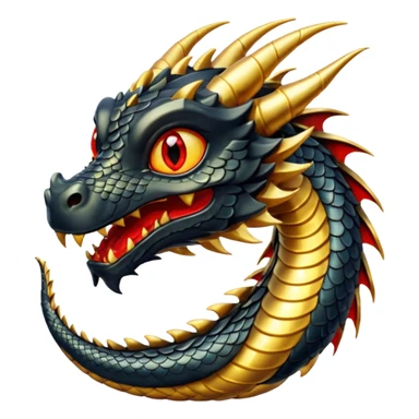 The image depicts a dragon resembling the dragon symbol from ancient Japanese mythology, combining the colors gold and black. It is bright and shiny, with clear colors, and the background of the image is transparent. The dragon embodies these colors, has red eyes, and is complete. sticker