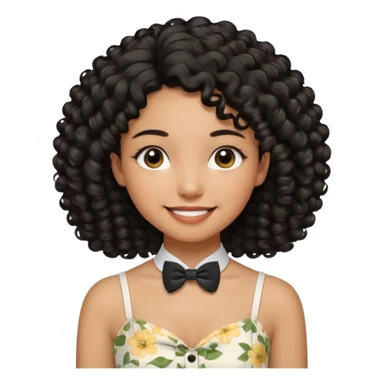 A young woman. She has voluminous, curly black hair that frames her face beautifully. Her skin tone is light Brown and glowing, and she has a subtle, natural makeup look. She’s smiling softly at the camera. She is wearing a white floral top with thin straps and a small bow tie detail in the front. sticker