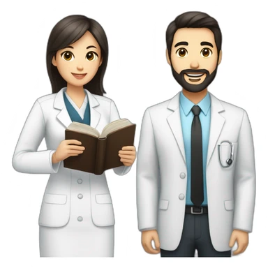 husband american man with dark brown hair and trimmed beard wearing a business suit holding a bible, wife to woman asian middle age with black shoulder length hair wearing a nurse uniform sticker