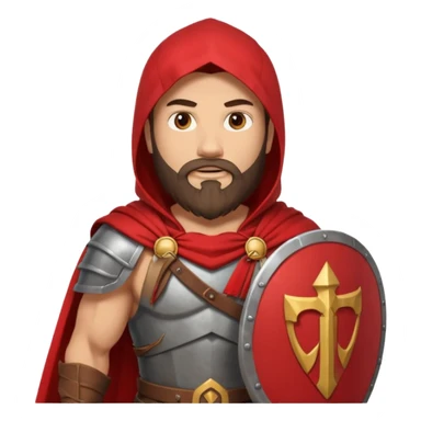 An emoji portrait of a Spartan warrior. He has a determined expression and a beard. He wears a red cloak and holds a shield with a lambda symbol. sticker