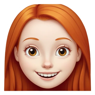 traditional emoji of young girl with very pale skin, long straight bright ginger red hair, very big wide human eyes positioned close together, wide nose, big smile with extremely large prominent teeth showing, classic round face sticker