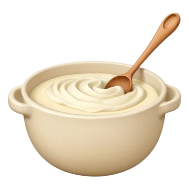 a cream ceramic mixing bowl with a wooden spoon stirring sticker