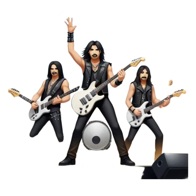 Icon for Heavy Metal: a metal band on stage, with electric guitars, drums, and a powerful vocalist. The atmosphere is intense with flashing lights, music notes, and a crowd of fans. The design should capture the energy and power of a live heavy metal performance. Transparent background. sticker