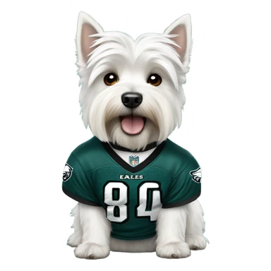 Westie wearing a Philadelphia eagles jersey sticker