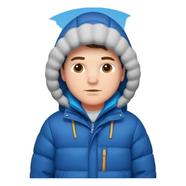 A man sitting on a chair, wearing a puffed coat with hood, hands in his pocket, freezing in the winter sticker