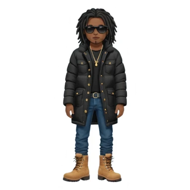 African American man brown skin complexion with black dreadlocks shoulder length wearing black bubble winter coat wearing black sunglasses with denim skinny jeans and timberland boots standing up sticker